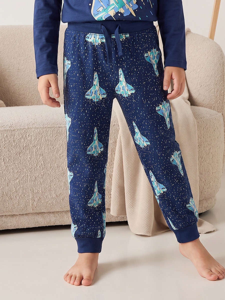 Cotton Crew Neck Long Sleeves Pyjama Set with Aeroplane Print