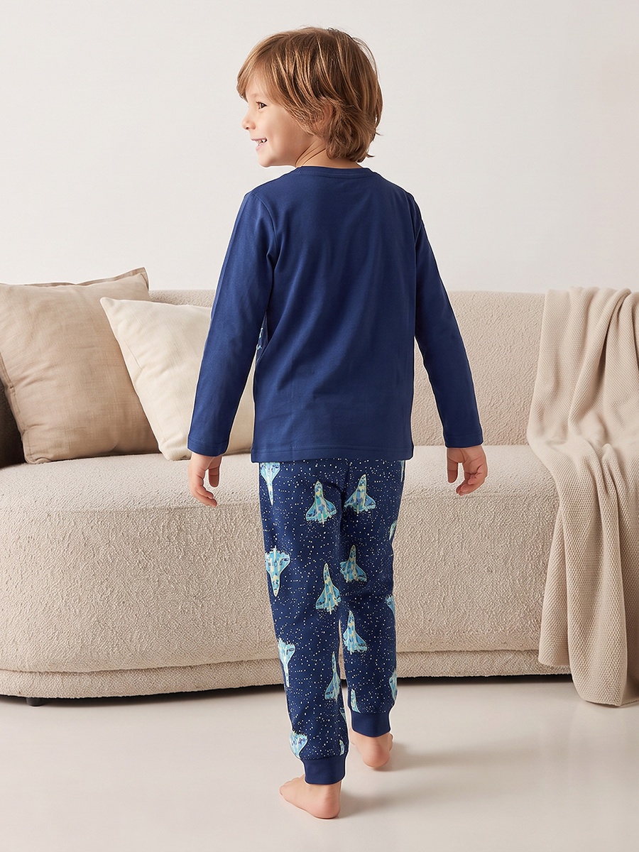 Cotton Crew Neck Long Sleeves Pyjama Set with Aeroplane Print