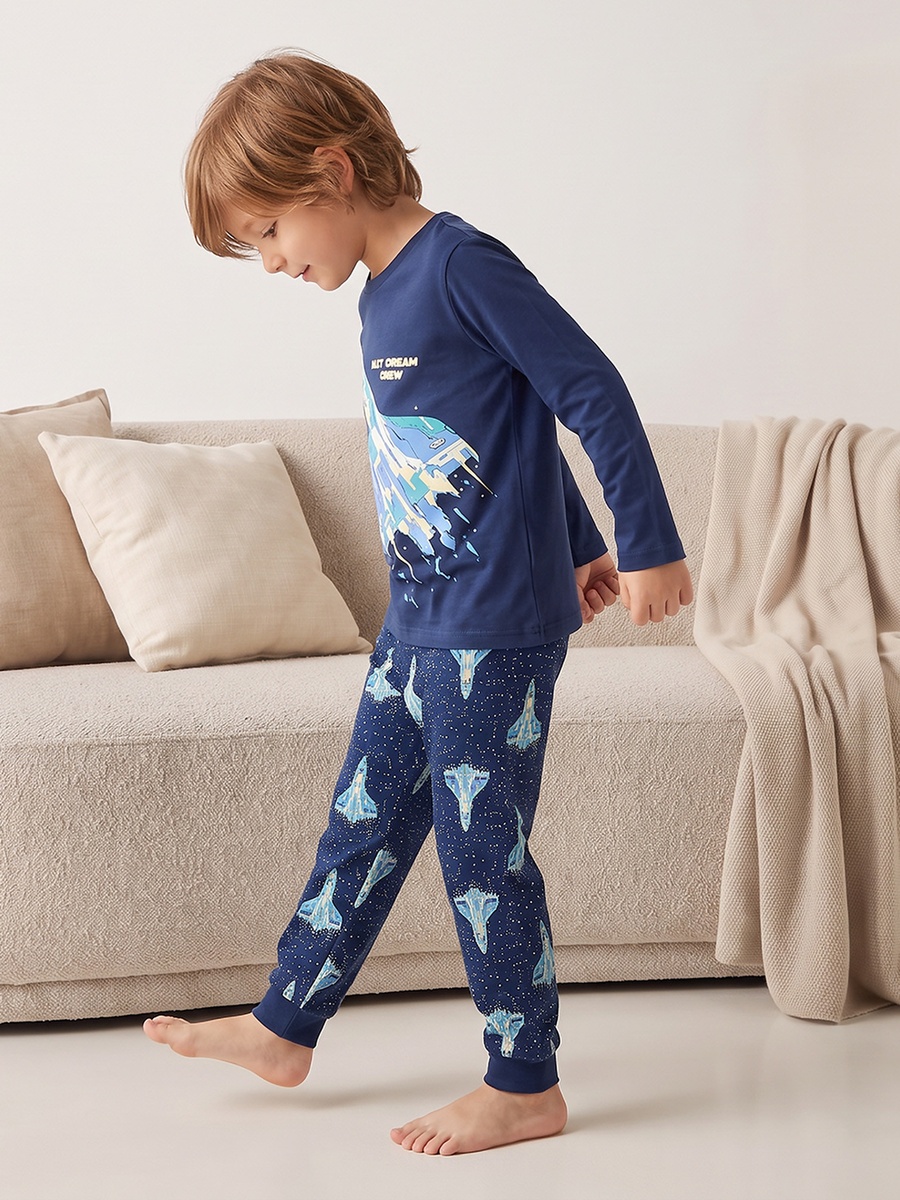 Cotton Crew Neck Long Sleeves Pyjama Set with Aeroplane Print
