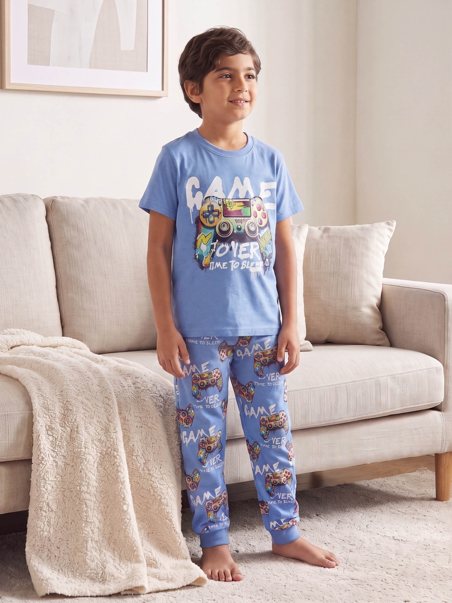 Cotton Crew Neck Short Sleeves Pyjama Set with Gaming Print