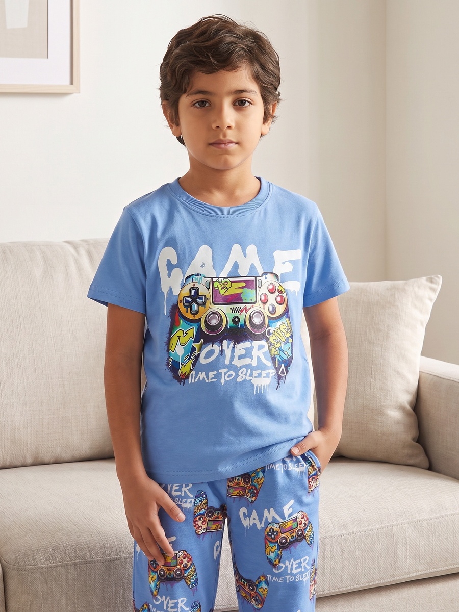 Cotton Crew Neck Short Sleeves Pyjama Set with Gaming Print