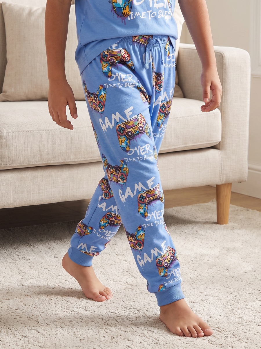 Cotton Crew Neck Short Sleeves Pyjama Set with Gaming Print
