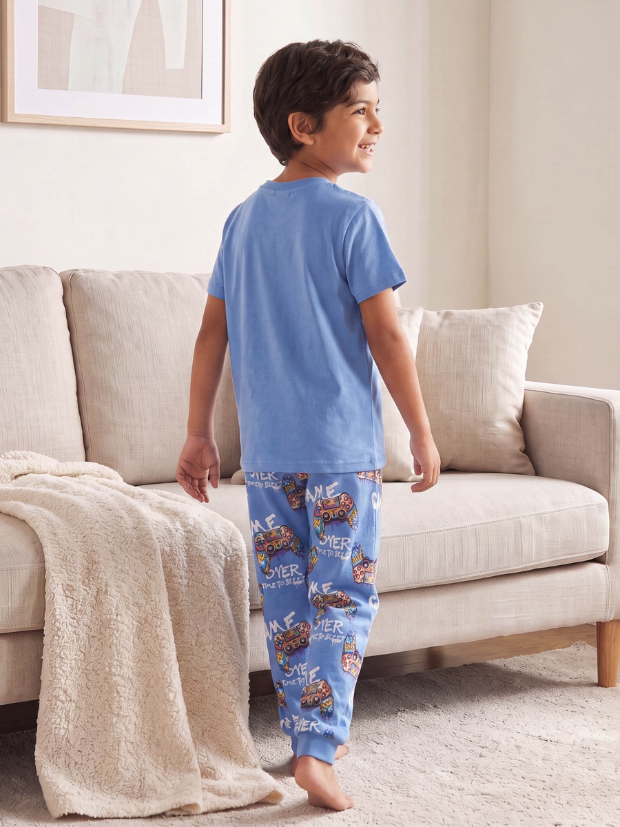 Cotton Crew Neck Short Sleeves Pyjama Set with Gaming Print