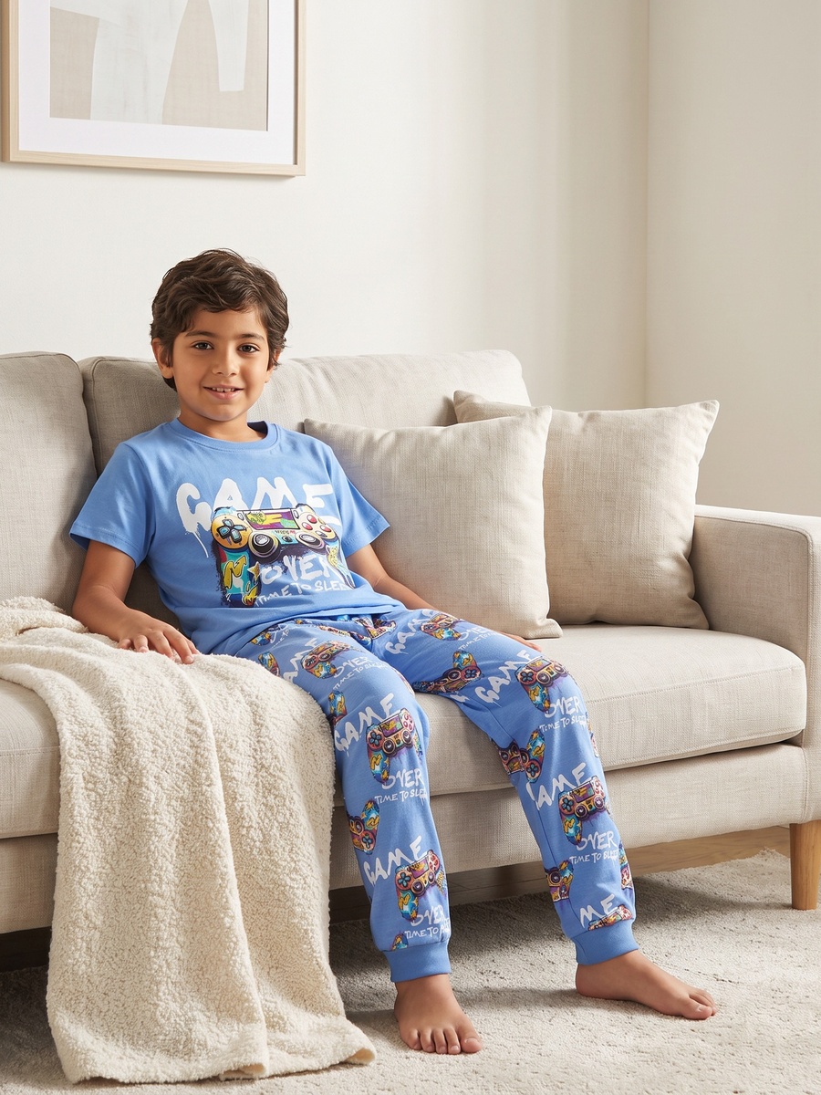Cotton Crew Neck Short Sleeves Pyjama Set with Gaming Print