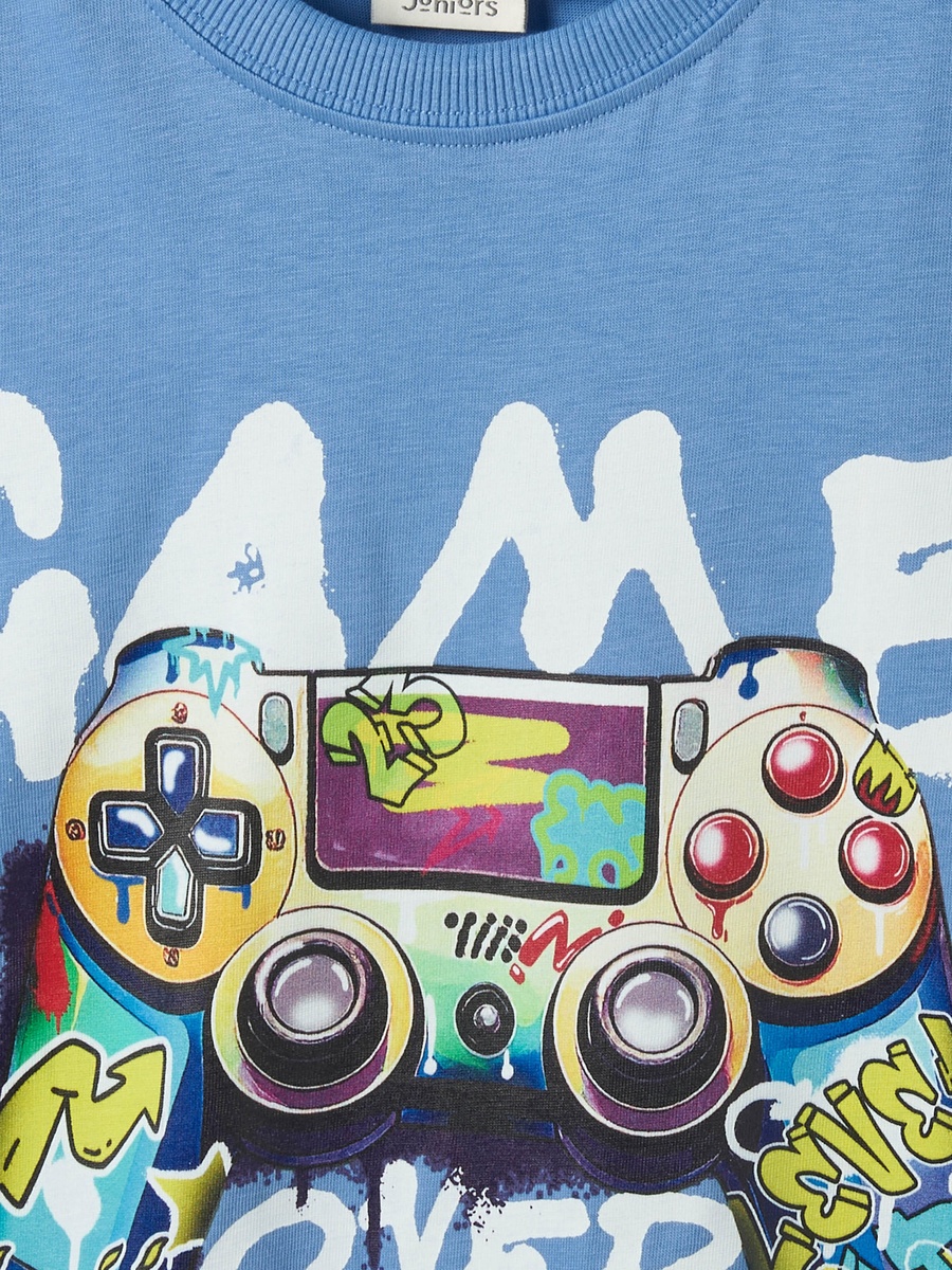 Cotton Crew Neck Short Sleeves Pyjama Set with Gaming Print