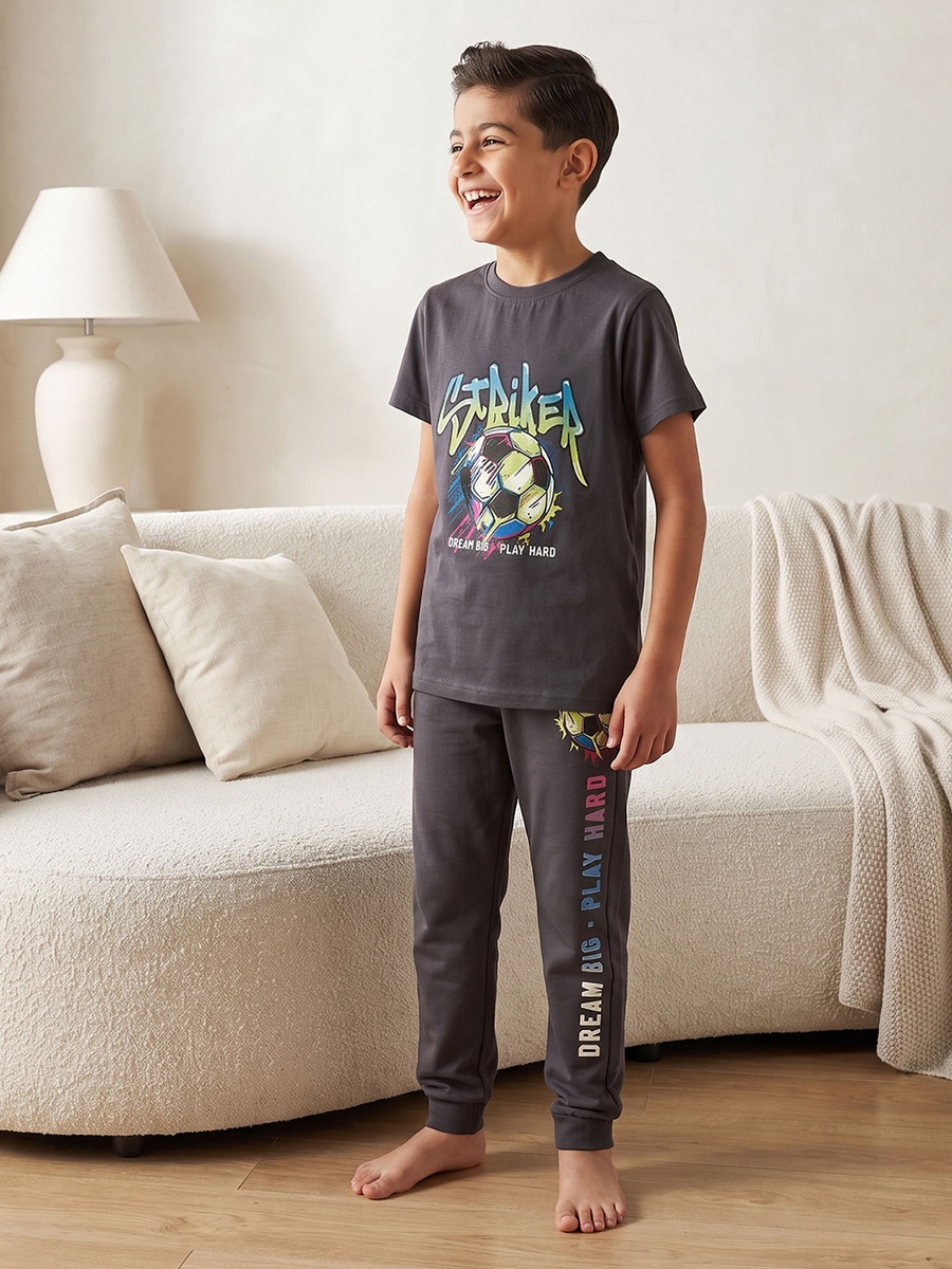 Cotton Crew Neck Short Sleeves Pyjama Set with Football Print