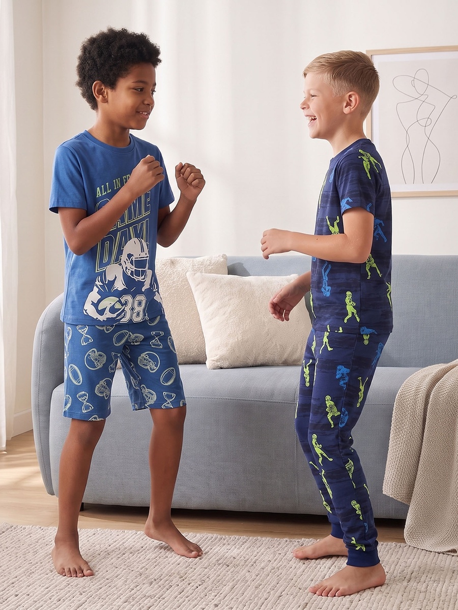 Pack of 2 Cotton Crew Neck Short Sleeves Pyjama Set with American Football Print
