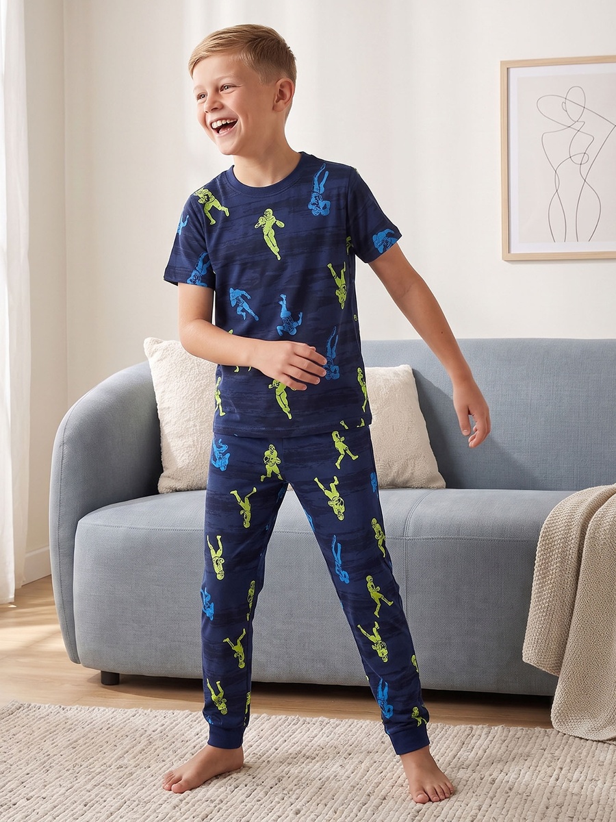 Pack of 2 Cotton Crew Neck Short Sleeves Pyjama Set with American Football Print