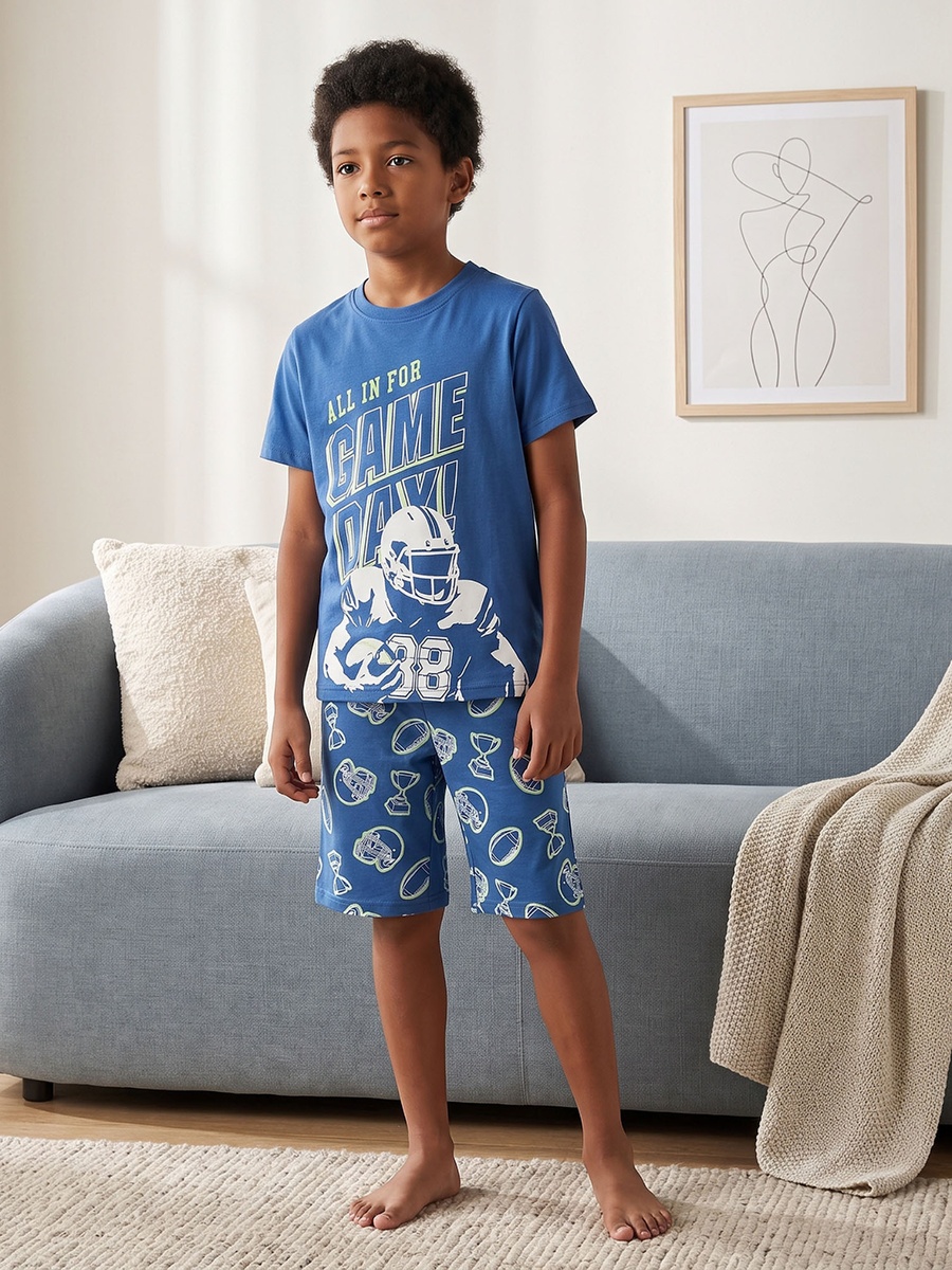 Pack of 2 Cotton Crew Neck Short Sleeves Pyjama Set with American Football Print