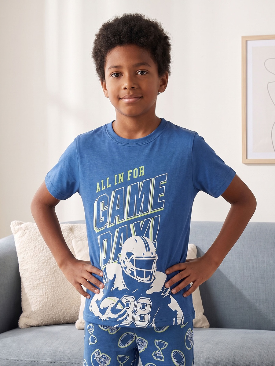 Pack of 2 Cotton Crew Neck Short Sleeves Pyjama Set with American Football Print