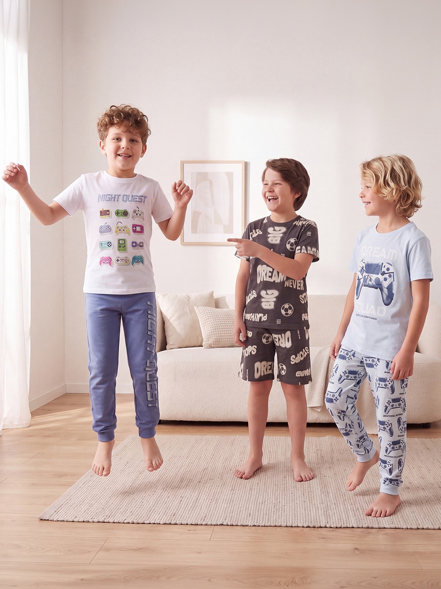 Pack of 3 Cotton Crew Neck Short Sleeves Pyjama Set with Gamer Print