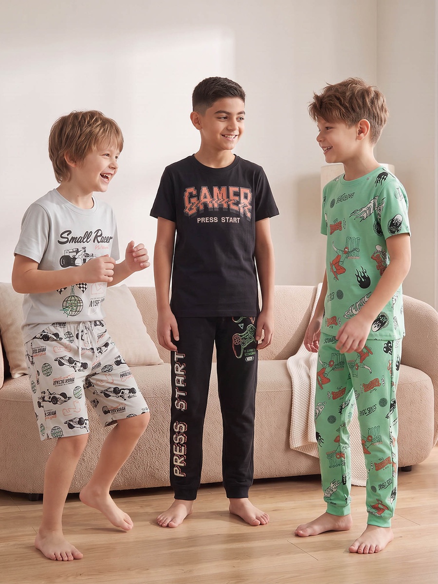 Pack of 3 Cotton Crew Neck Short Sleeves Pyjama Set with Assorted Print