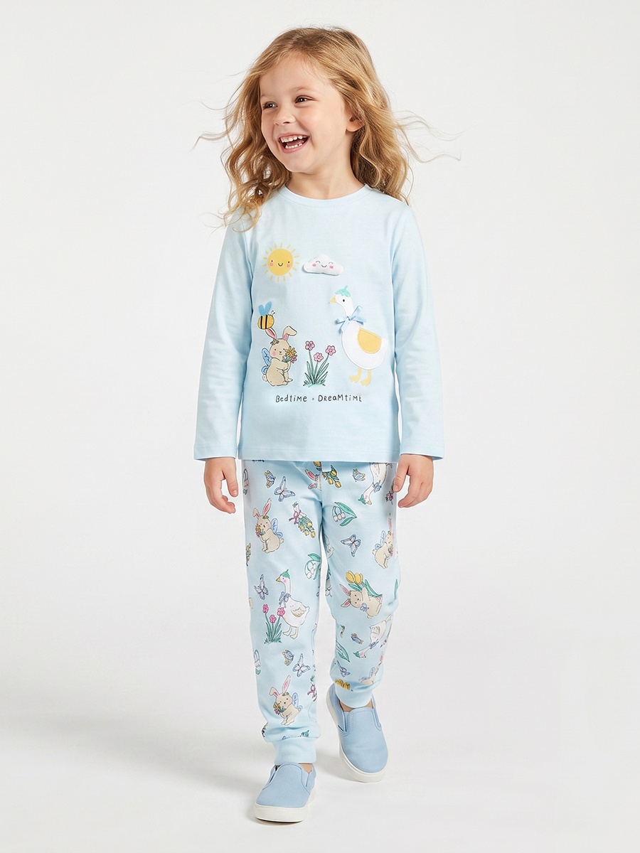 Cotton Crew Neck Long Sleeves Pyjama Set with Illustrative Print