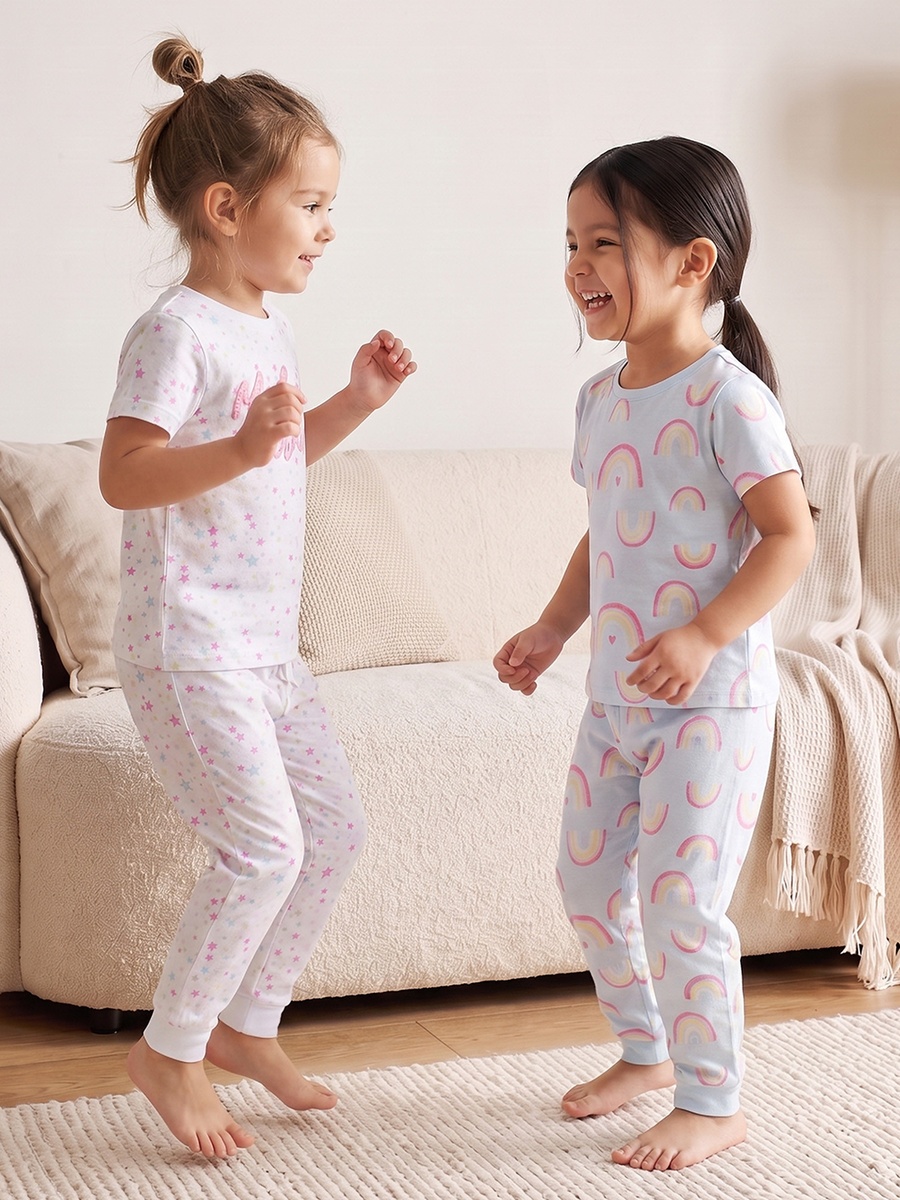 Pack of 2 Cotton Crew Neck Short Sleeves Pyjama Set with Assorted Print