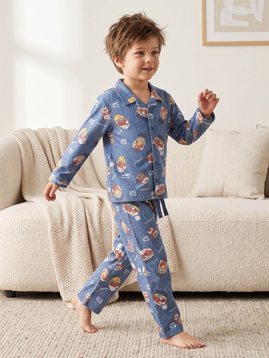 Cotton Collared Long Sleeves Pyjama Set with Champagne Print