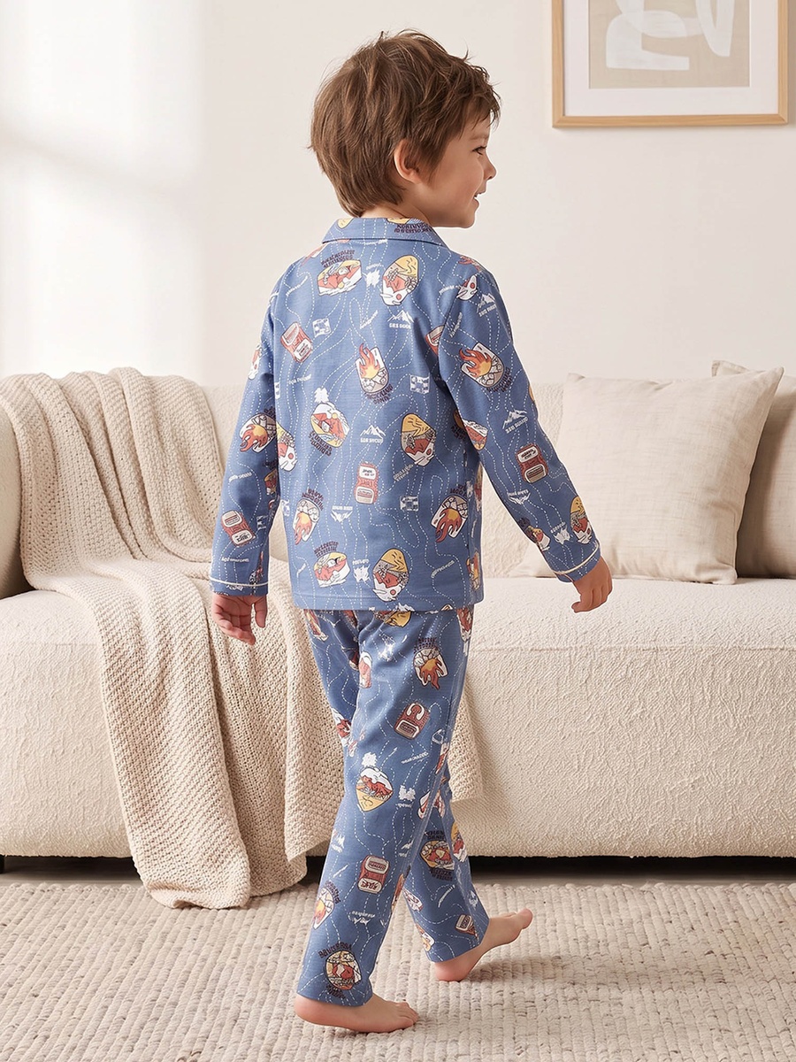 Cotton Collared Long Sleeves Pyjama Set with Champagne Print