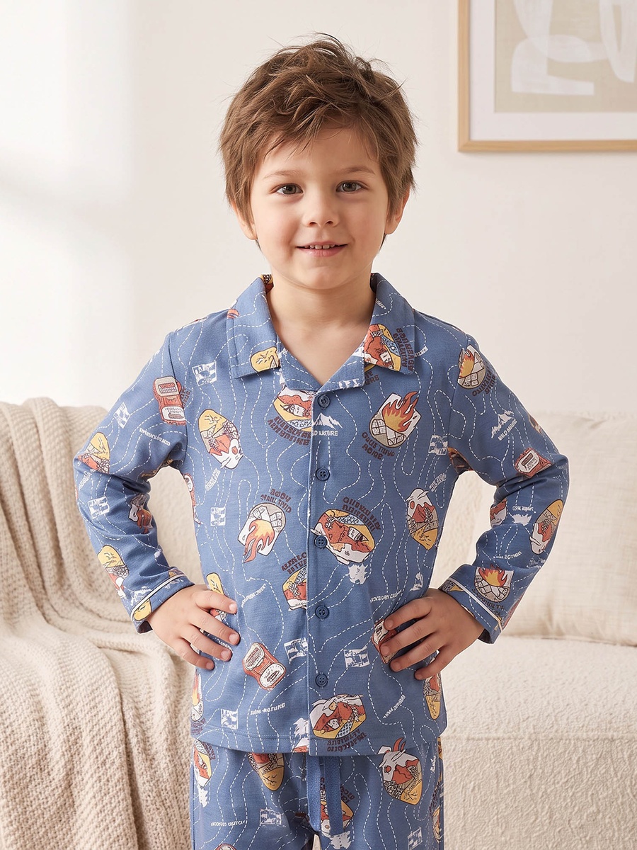 Cotton Collared Long Sleeves Pyjama Set with Champagne Print