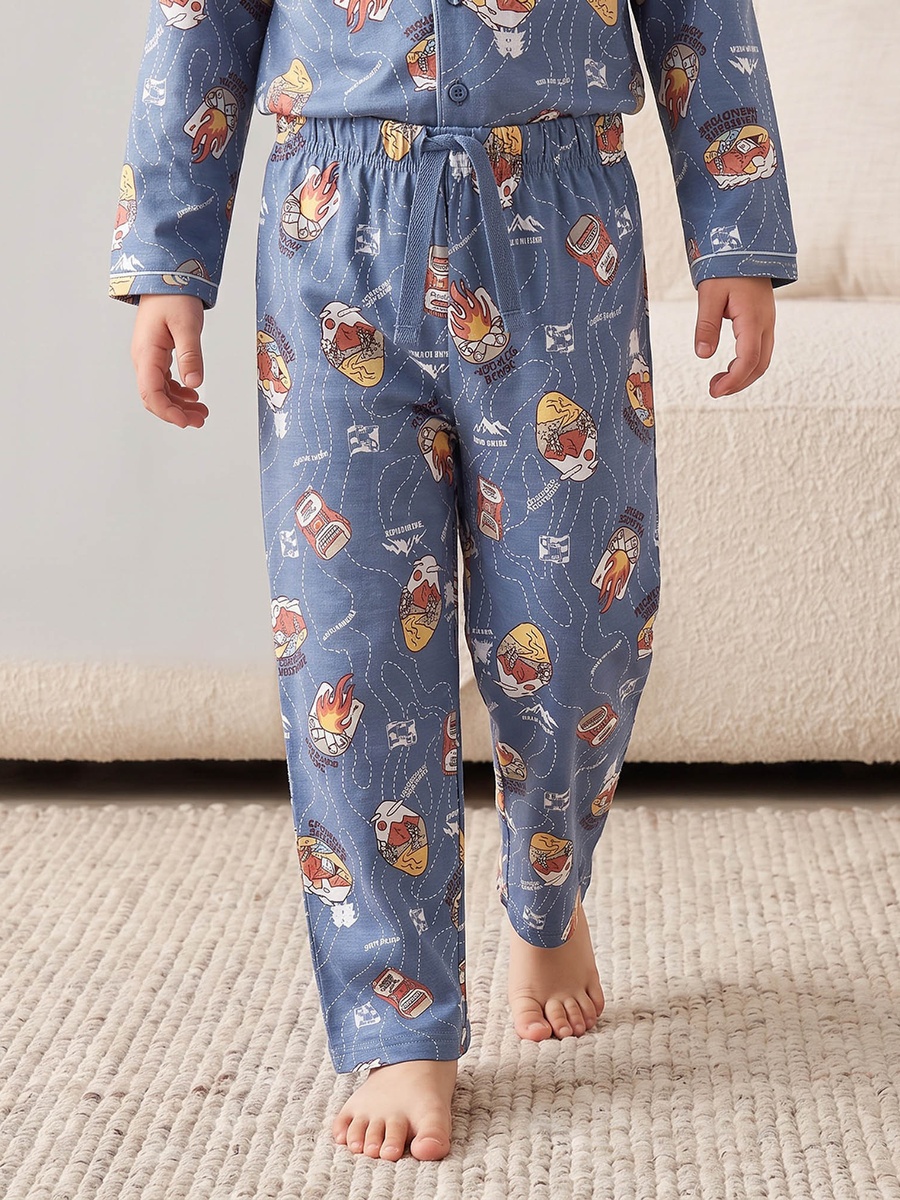 Cotton Collared Long Sleeves Pyjama Set with Champagne Print