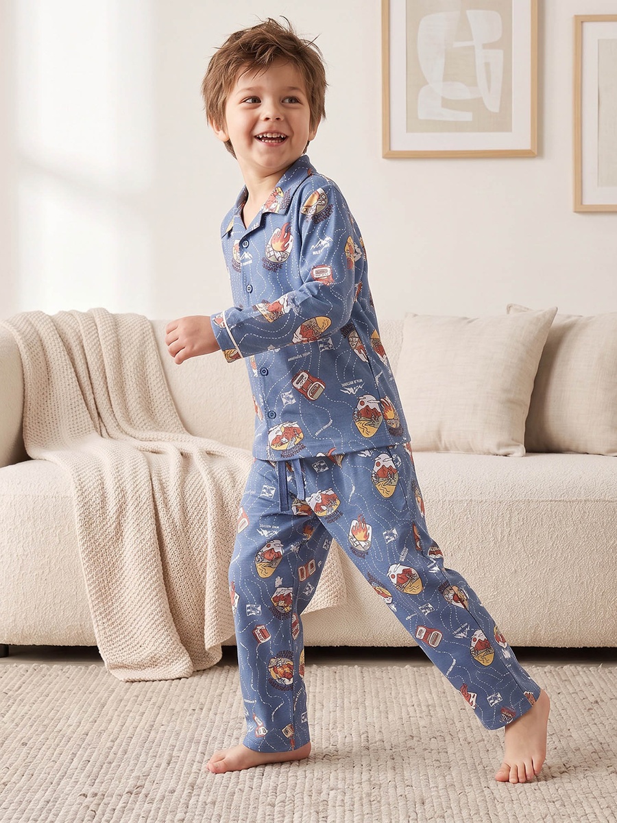 Cotton Collared Long Sleeves Pyjama Set with Champagne Print