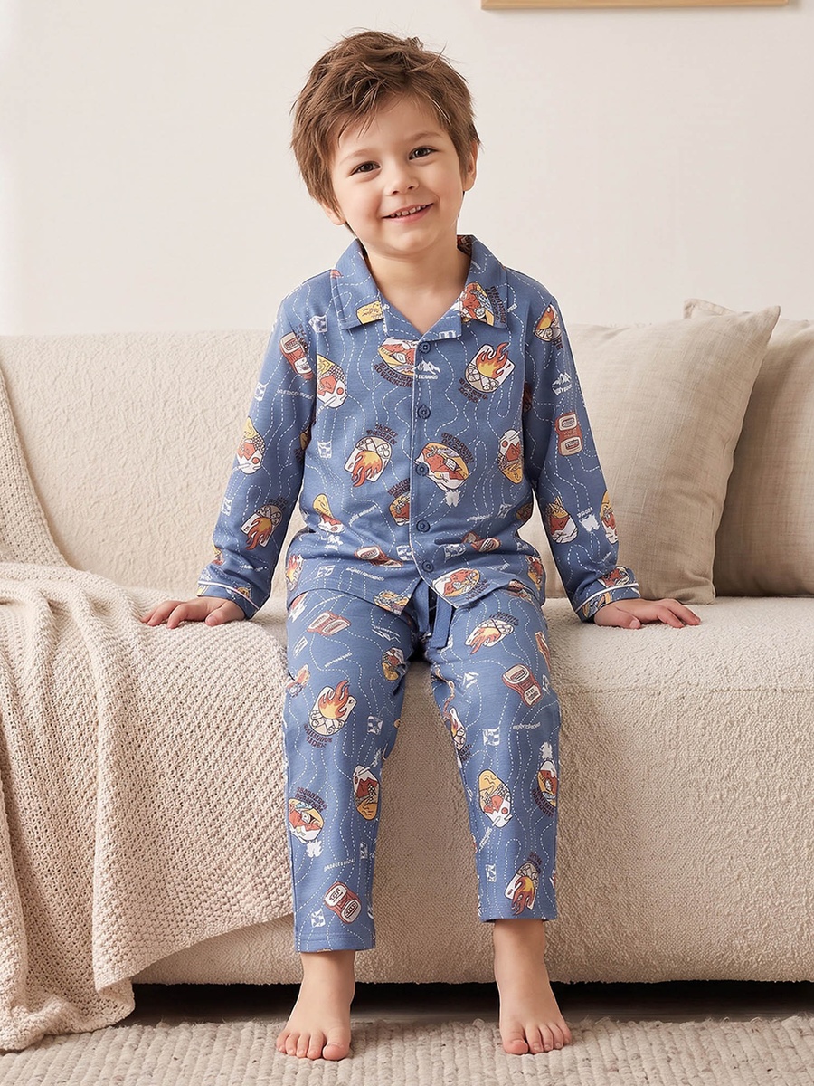 Cotton Collared Long Sleeves Pyjama Set with Champagne Print