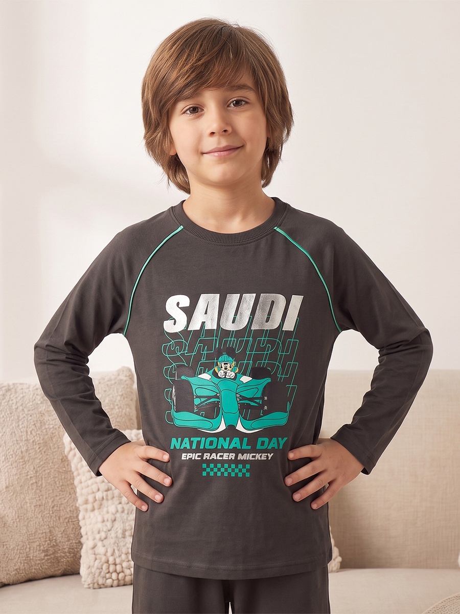 Crew Neck Long Sleeves Pyjama Set with KSA National Day Print