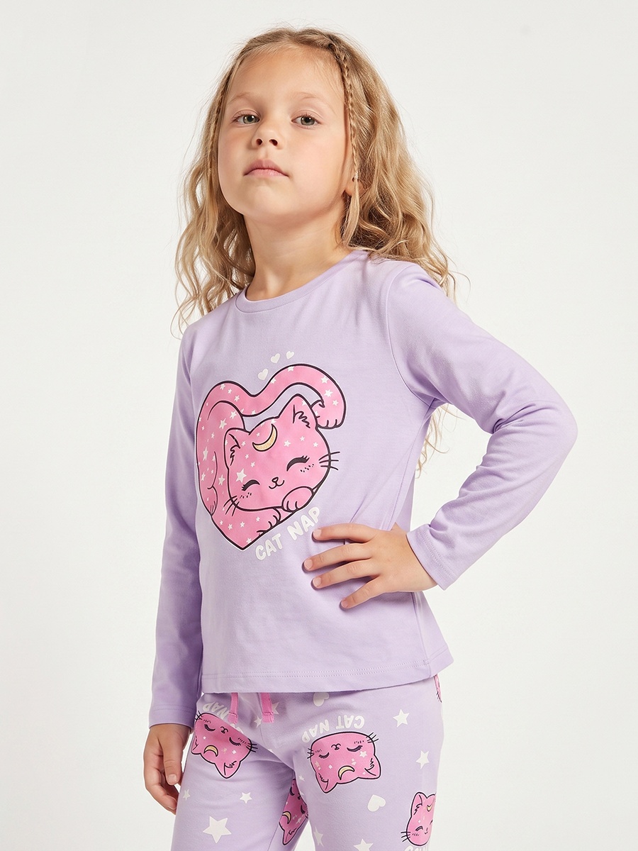 Cotton Crew Neck Long Sleeves Pyjama Set with Cat Print