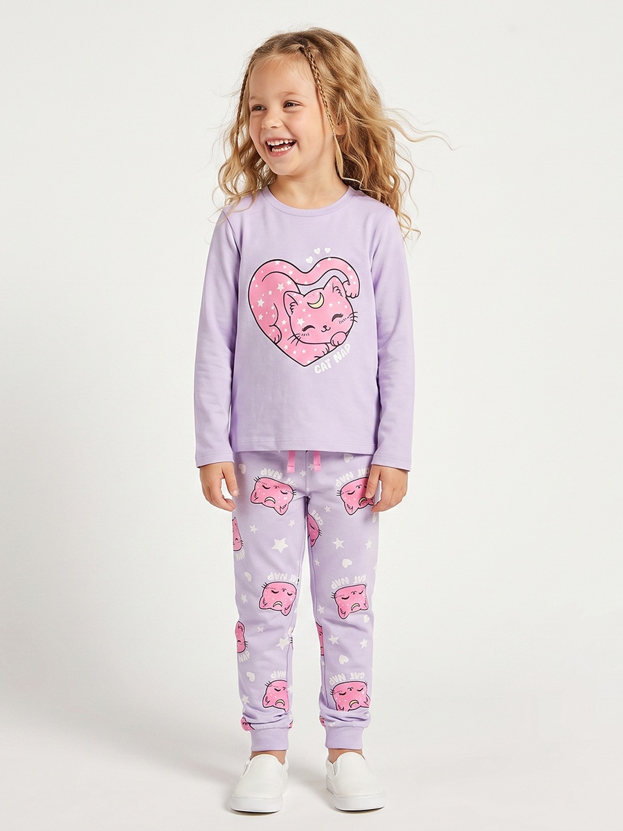 Cotton Crew Neck Long Sleeves Pyjama Set with Cat Print