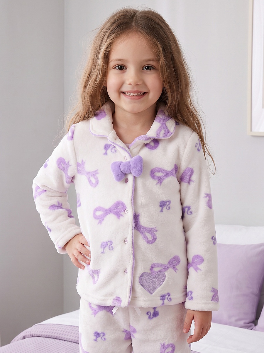 Collared Long Sleeves Pyjama Set with Barbie Print