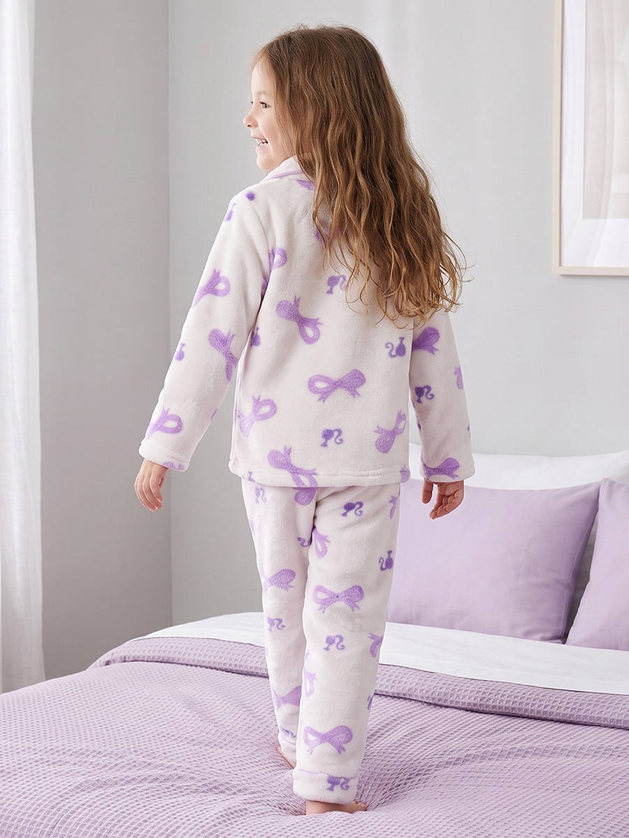 Collared Long Sleeves Pyjama Set with Barbie Print