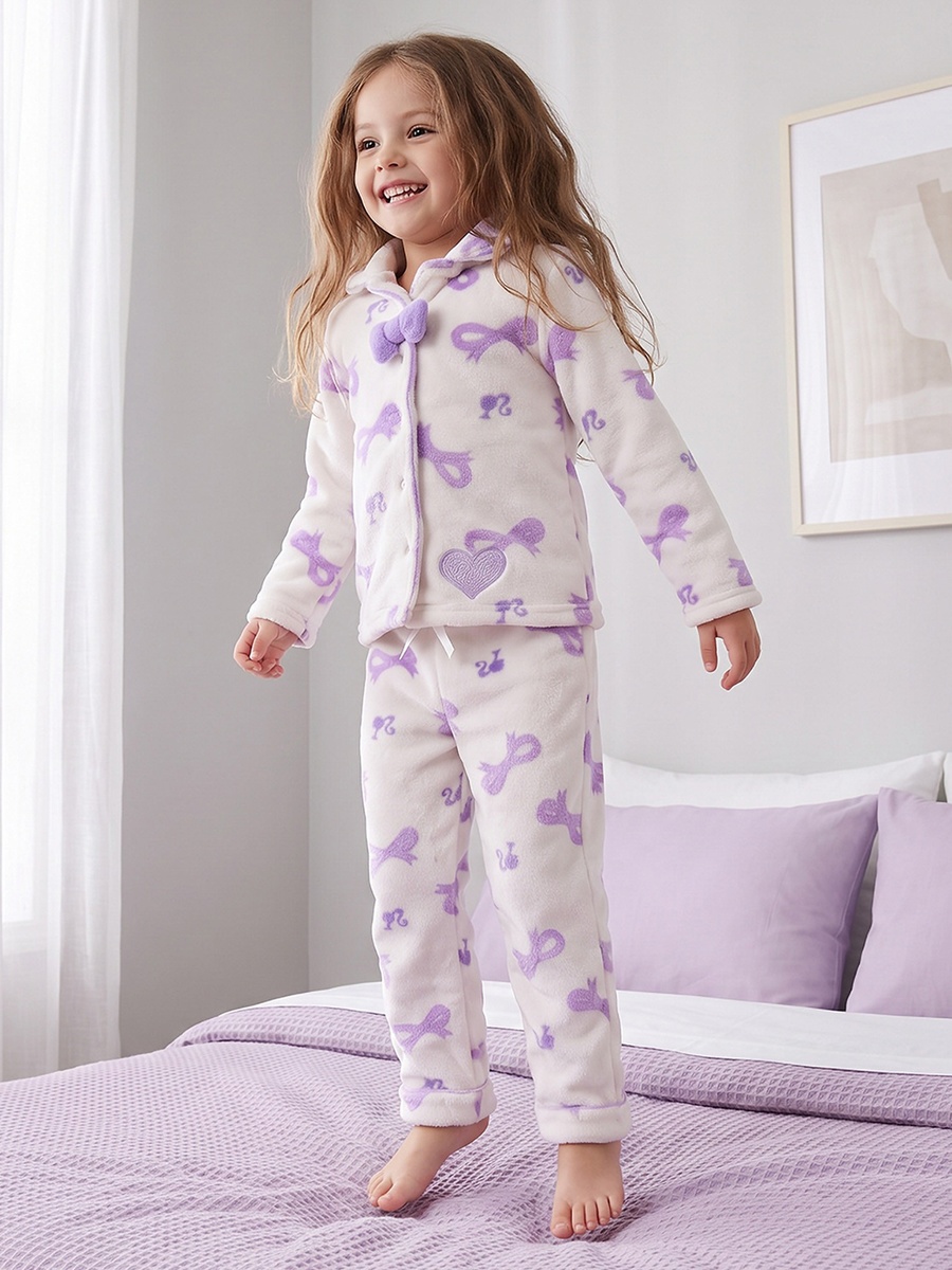 Collared Long Sleeves Pyjama Set with Barbie Print