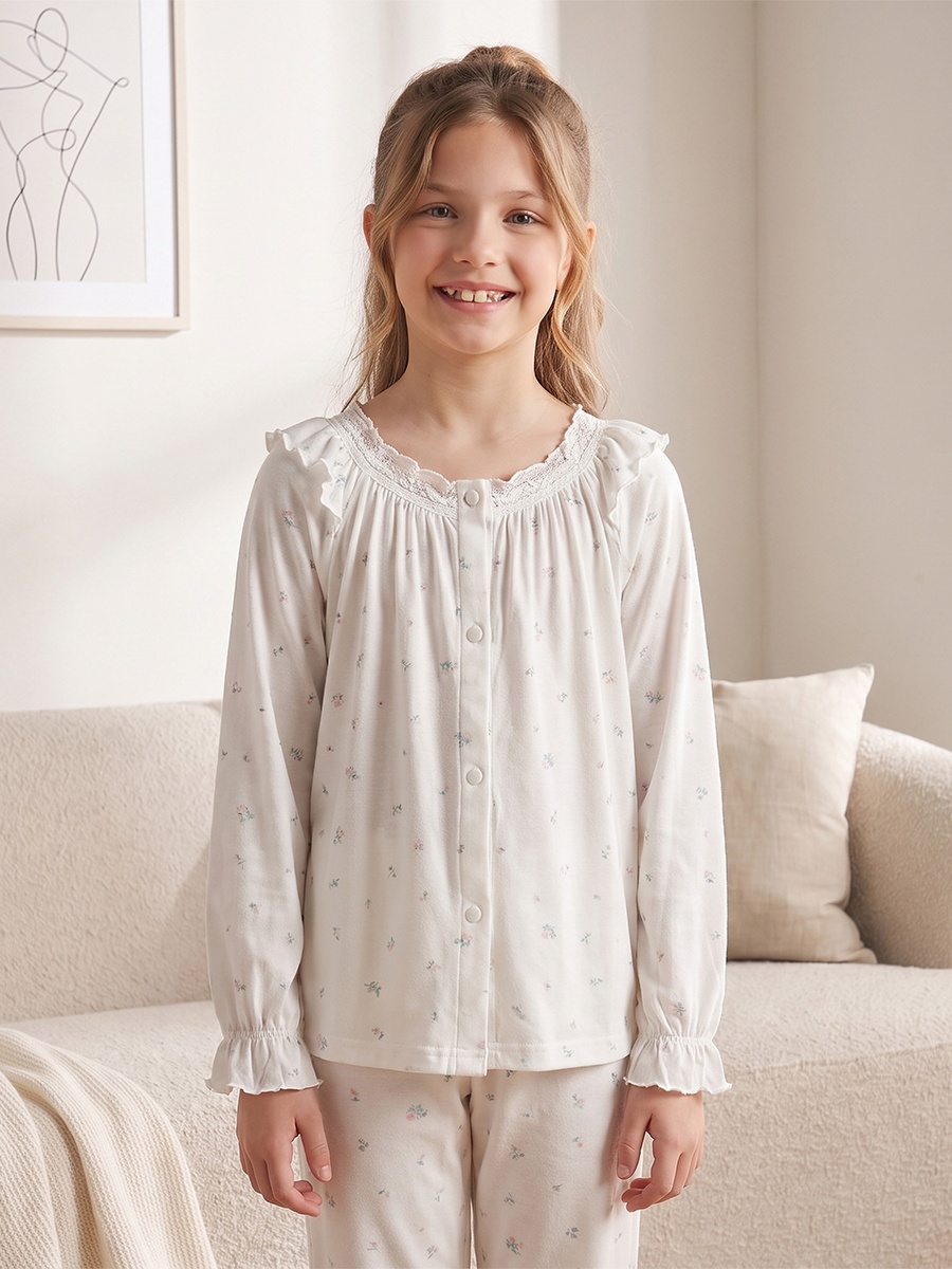Cotton Round Neck Long Sleeves Pyjama Set with Floral Print
