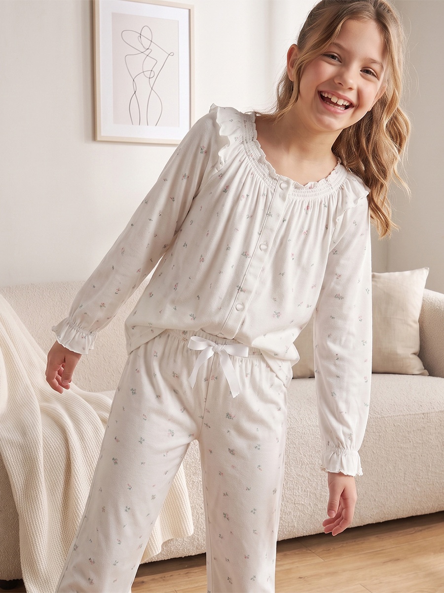 Cotton Round Neck Long Sleeves Pyjama Set with Floral Print
