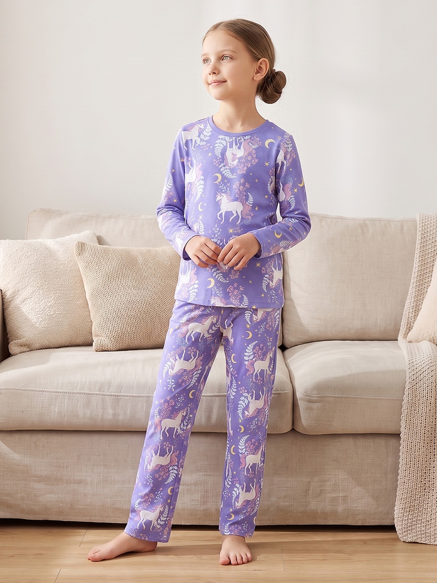 Cotton Crew Neck Long Sleeves Pyjama Set with Unicorn Print