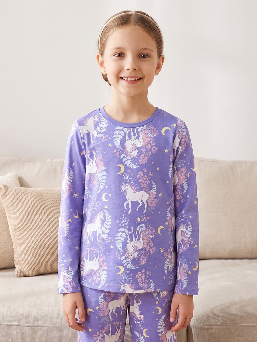 Cotton Crew Neck Long Sleeves Pyjama Set with Unicorn Print