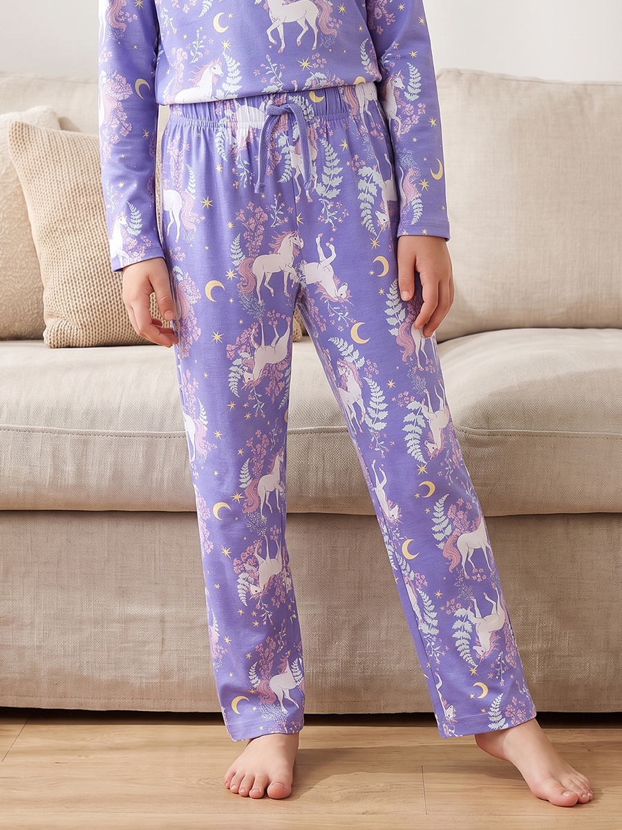Cotton Crew Neck Long Sleeves Pyjama Set with Unicorn Print