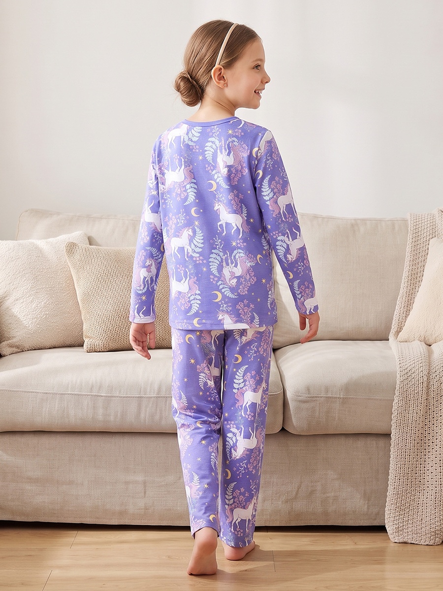 Cotton Crew Neck Long Sleeves Pyjama Set with Unicorn Print