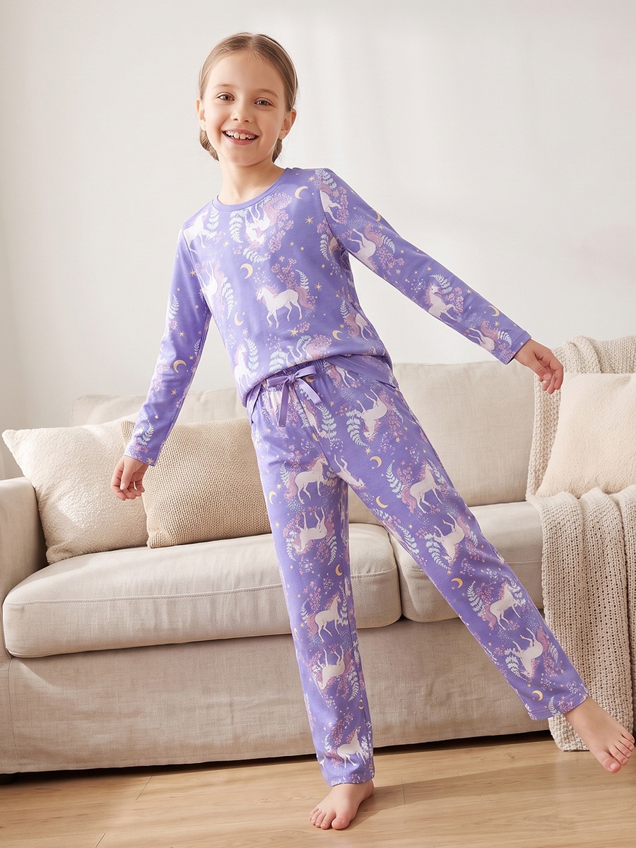 Cotton Crew Neck Long Sleeves Pyjama Set with Unicorn Print