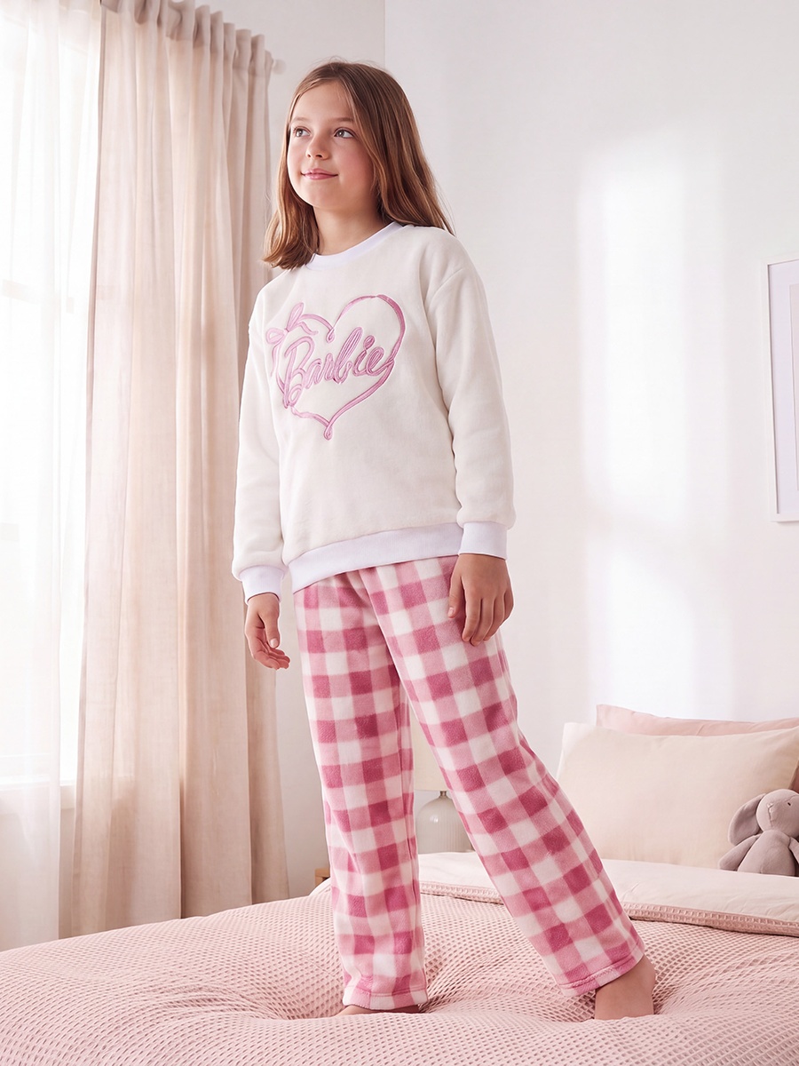 Crew Neck Long Sleeves Pyjama Set with Barbie Logo Embroidery