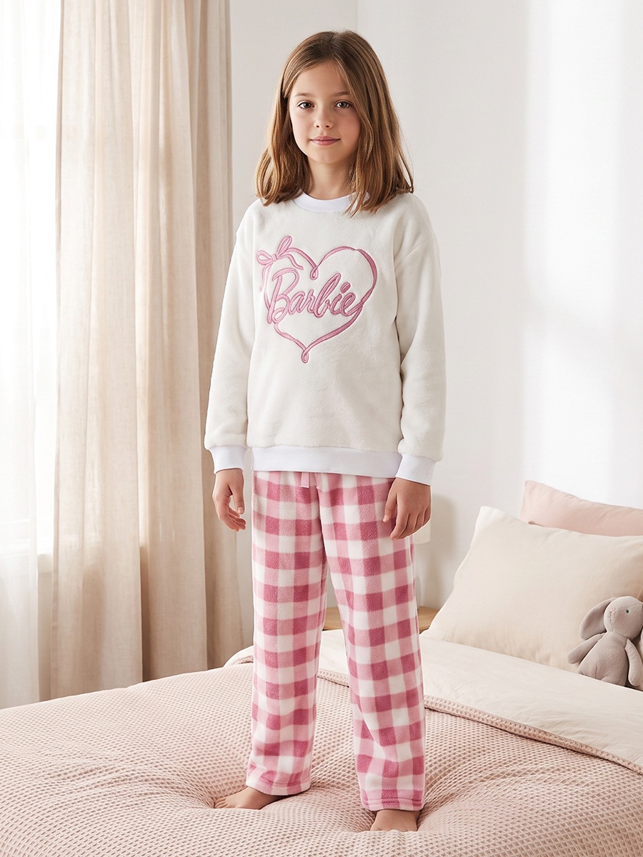 Crew Neck Long Sleeves Pyjama Set with Barbie Logo Embroidery