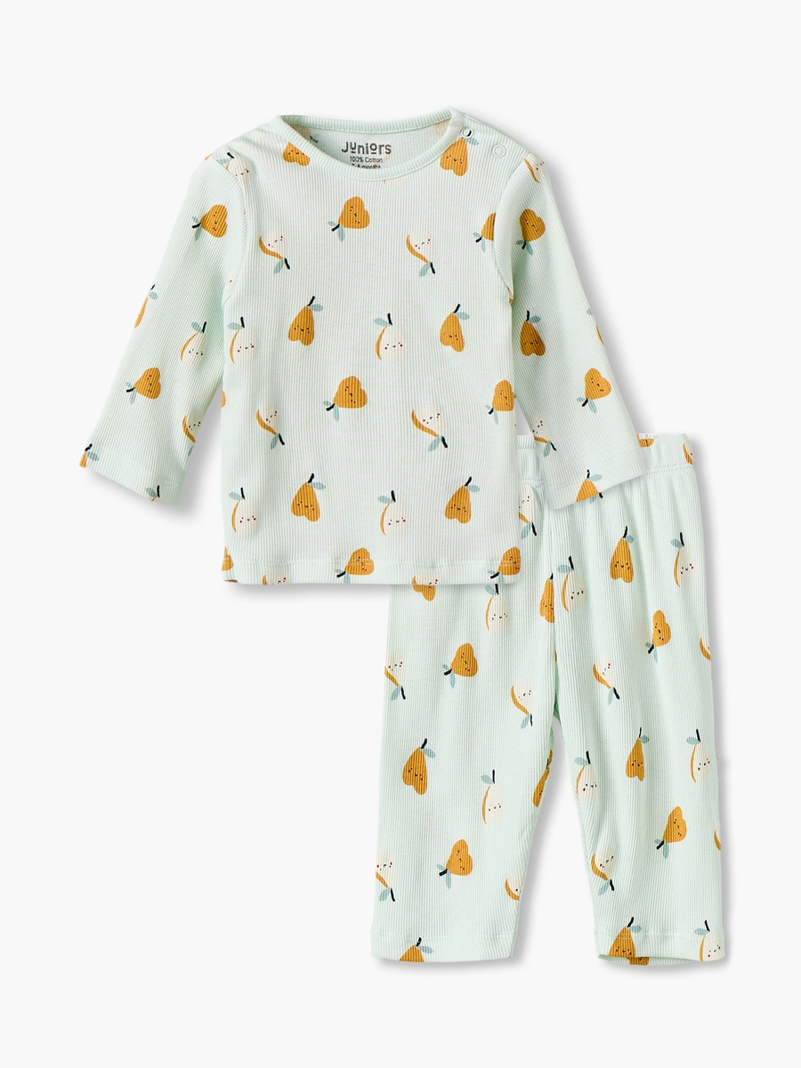 Cotton Crew Neck Long Sleeves Pyjama Set with Pear Print