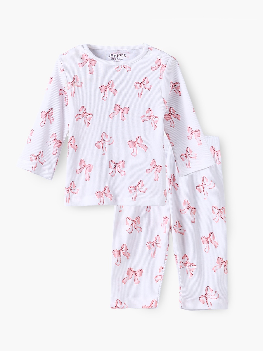 Crew Neck Long Sleeves Pyjama Set with Bow Print