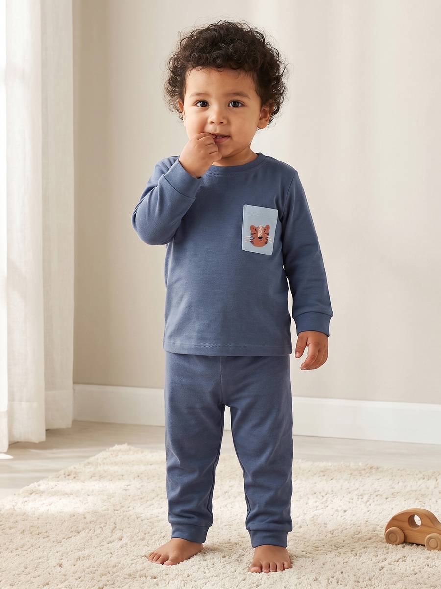 Cotton Crew Neck Long Sleeves Pyjama Set with Tiger Print