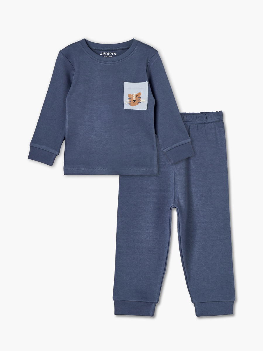 Cotton Crew Neck Long Sleeves Pyjama Set with Tiger Print
