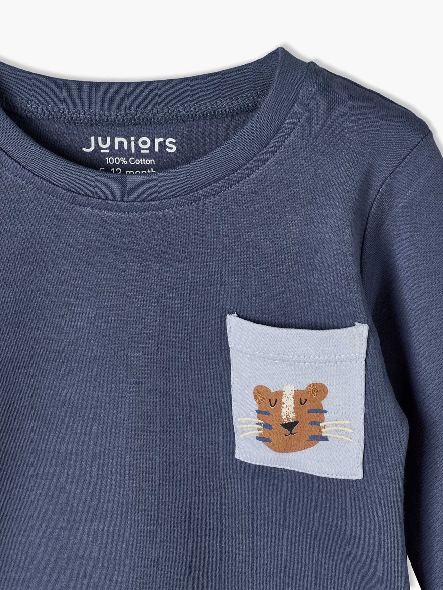 Cotton Crew Neck Long Sleeves Pyjama Set with Tiger Print