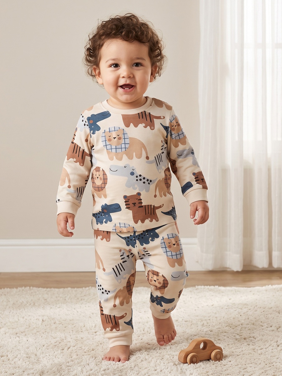 Cotton Crew Neck Long Sleeves Pyjama Set with Safari Print