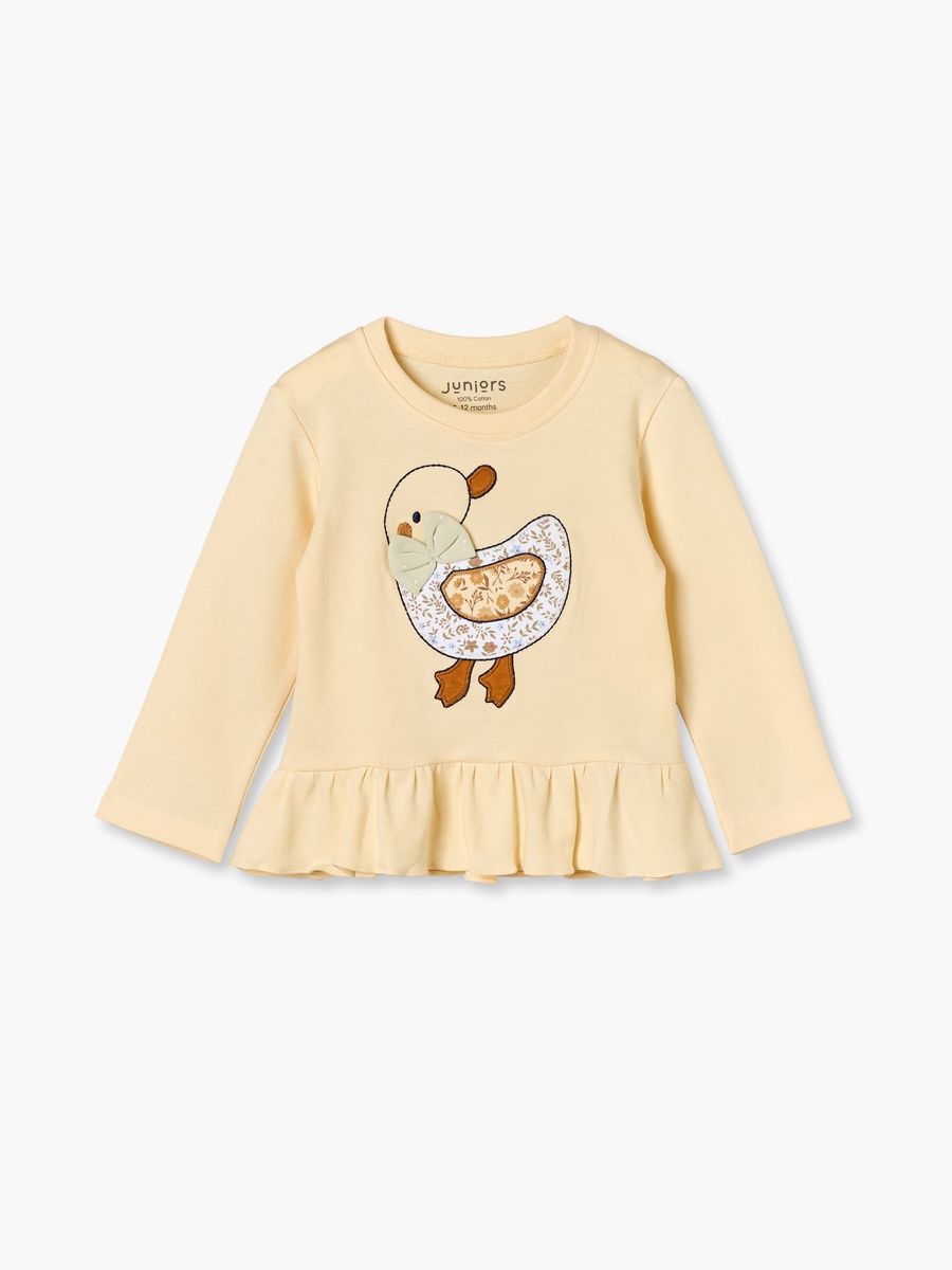 Cotton Crew Neck Long Sleeves Pyjama Set with Duck Applique