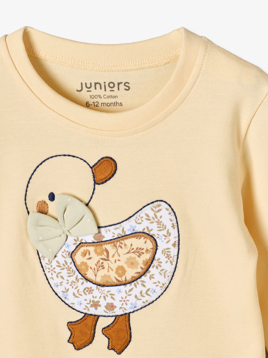 Cotton Crew Neck Long Sleeves Pyjama Set with Duck Applique