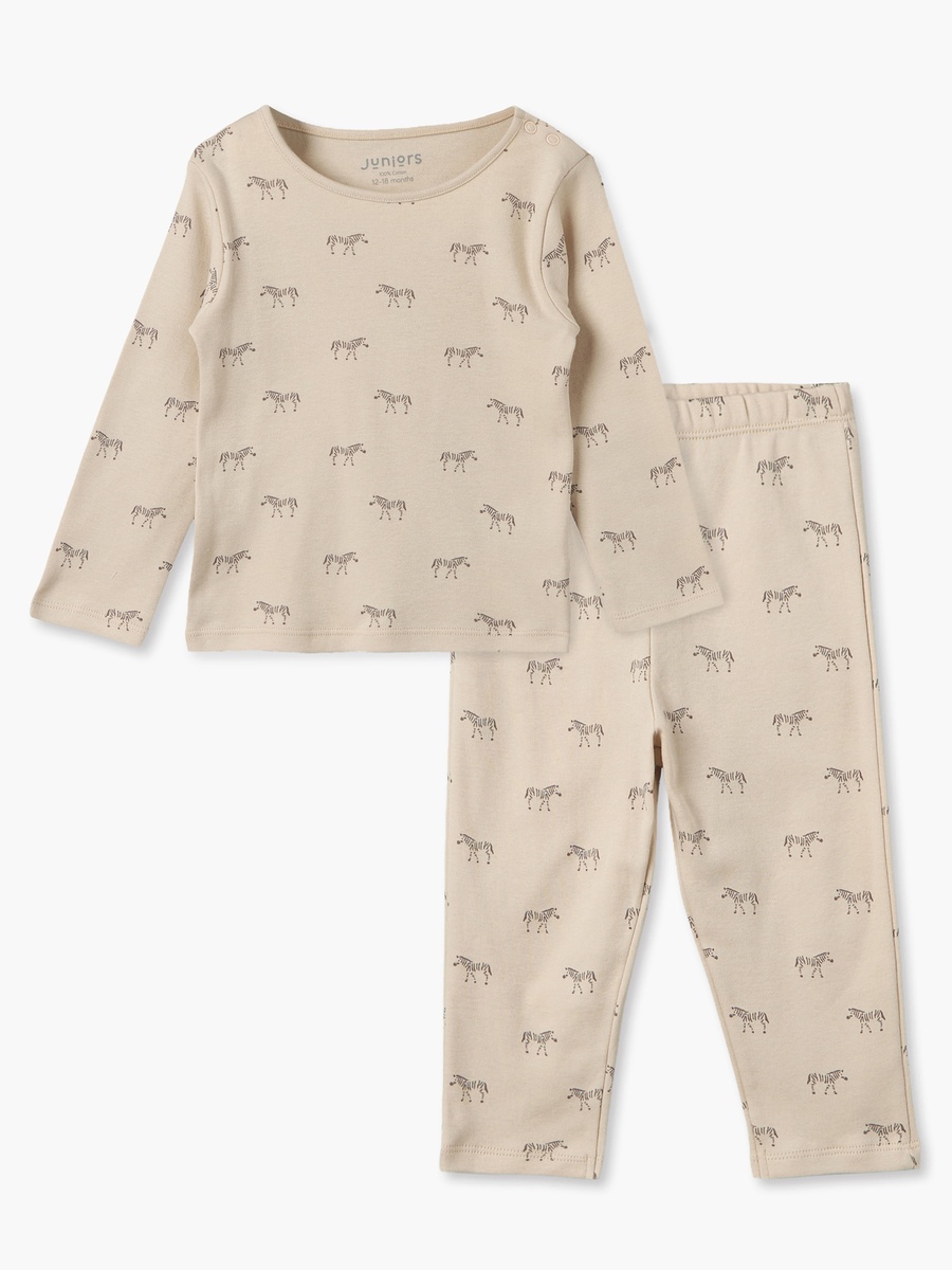 Cotton Crew Neck Long Sleeves Pyjama Set with Zebra Print