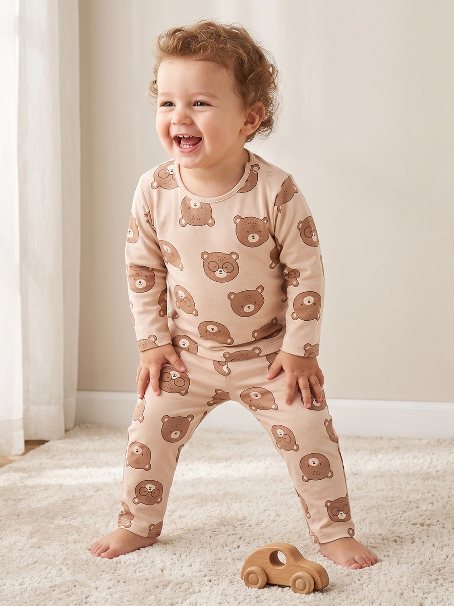 Cotton Crew Neck Long Sleeves Pyjama Set with Bear Print