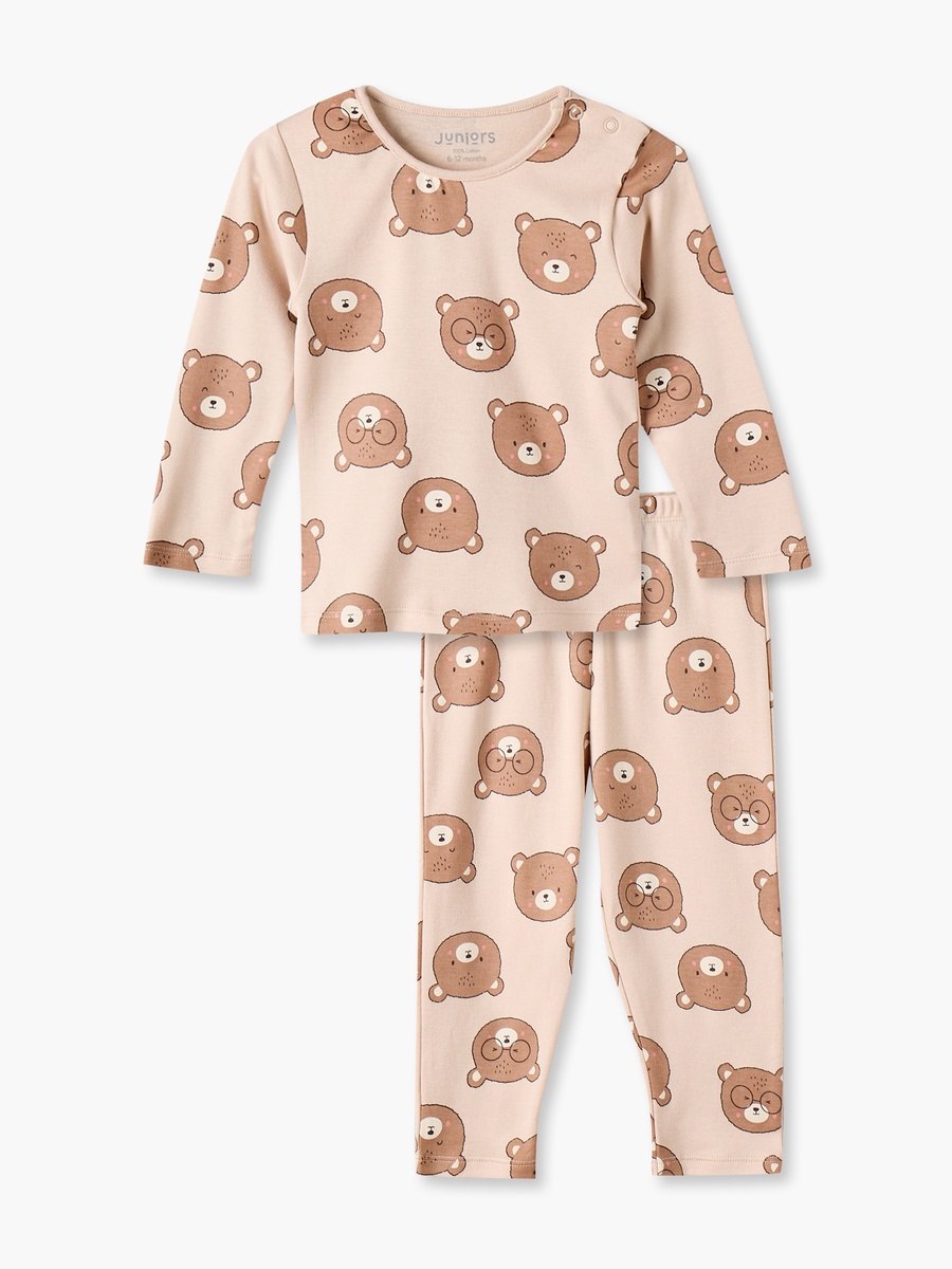 Cotton Crew Neck Long Sleeves Pyjama Set with Bear Print